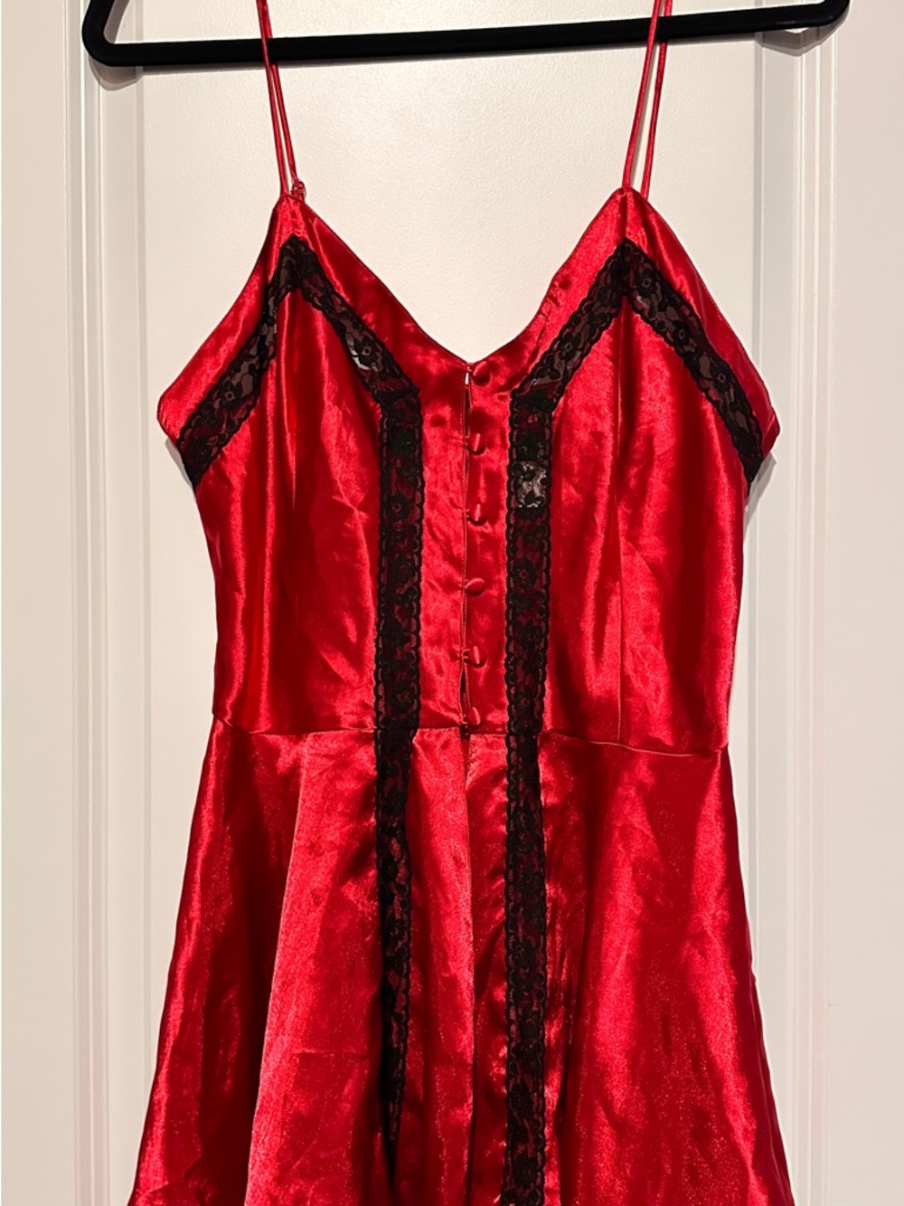 Vintage Victoria's Secret Red Satin Slip Dress with Black Lace Trim